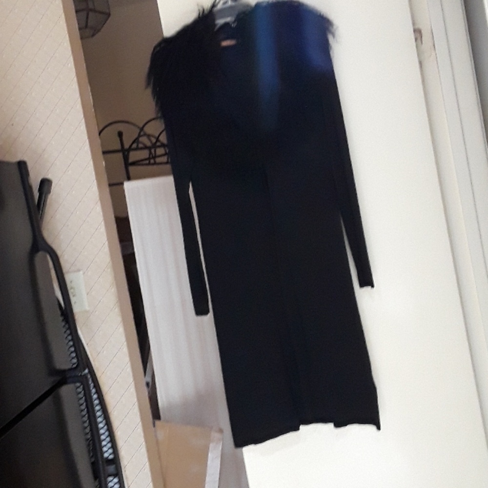 Beautiful long black stretch knit sweater coat wit